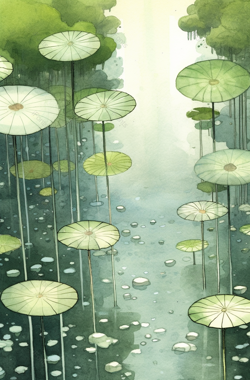唯美夏天夏至雨后晴天池塘水面荷叶绿色自然清新插画,插画/手绘图,插画/手绘图库,插画/手绘图下载,插画/手绘
